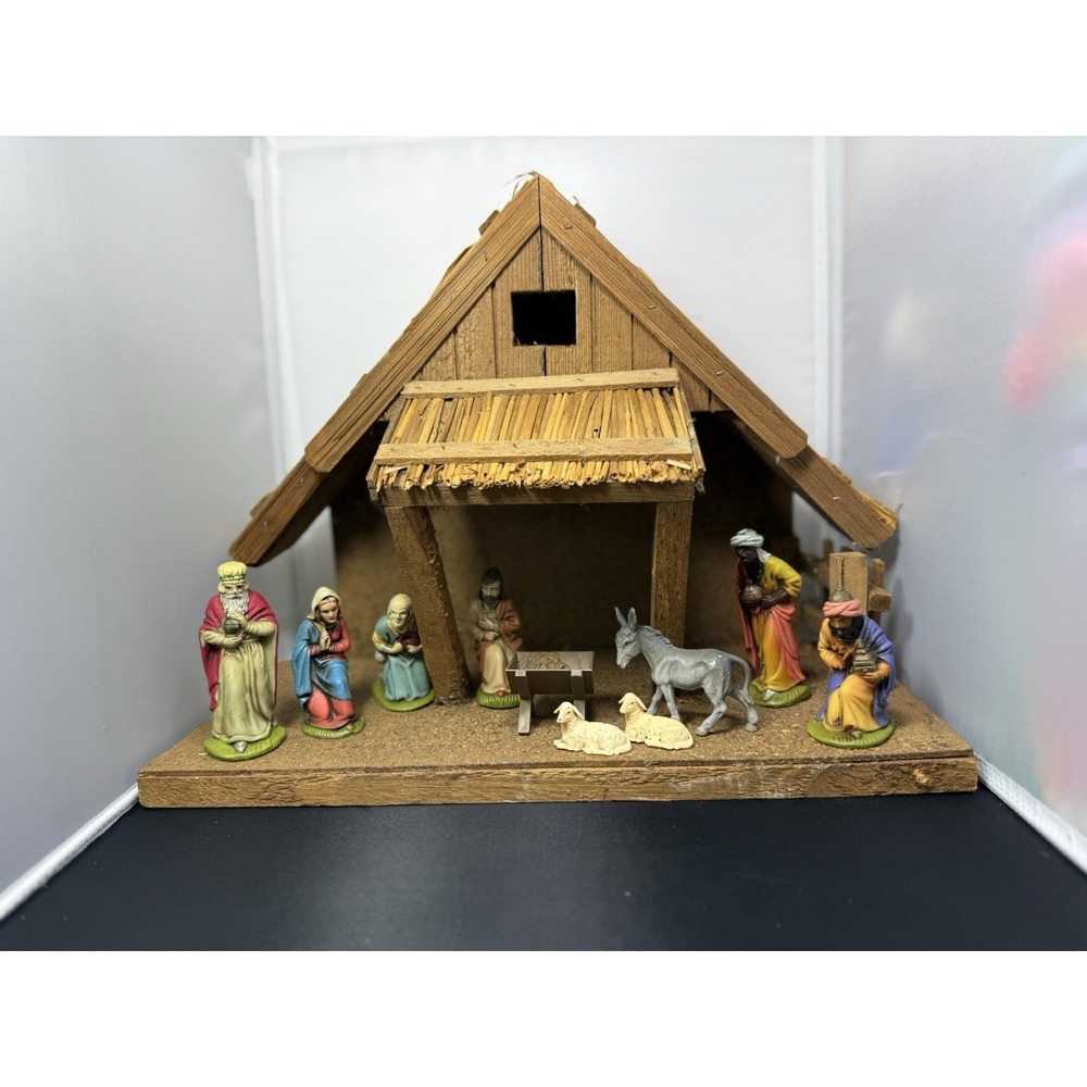 Vintage‎ Christmas Nativity Scene Set 10 Resin Figures Wood Manger Germany